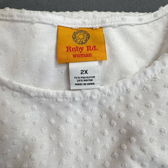 RUBY RD Top 2X White Textured Knit 3/4 Sleeve Layered Ruffle Hem Blouse Plus - Picture 5 of 5